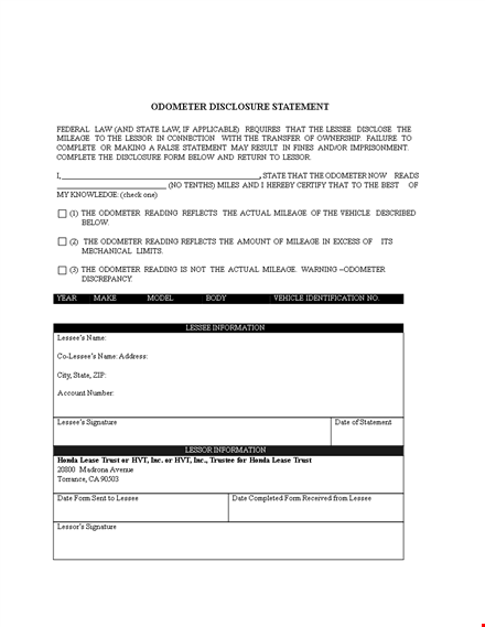 state required odometer disclosure statement for lessee - record mileage with odometer template