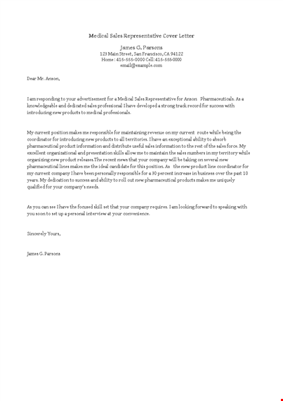 medical sales representative cover letter template