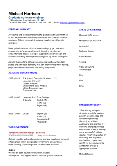 graduate software engineer resume sample template
