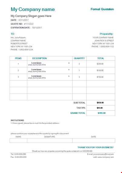 formal quotation template template