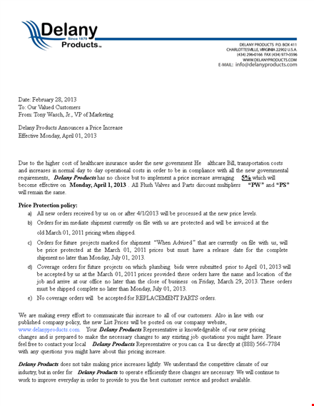 important: changes to our product prices and orders | delany price increase letter template