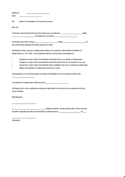 sample fixed term contract termination letter template download template