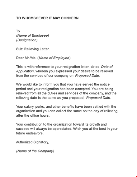 get your proposed relieving letter for employees - company name template