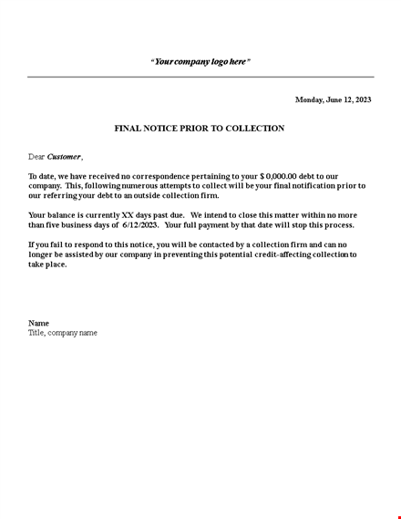 final notice: collection letter template for company collections template