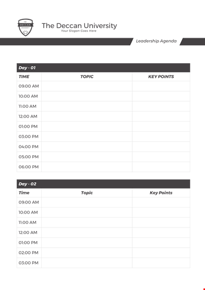 leadership agenda example a - university and deccan template