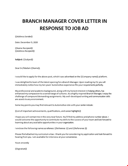 branch manager cover letter template