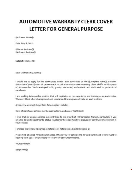 automotive warranty clerk cover letter template