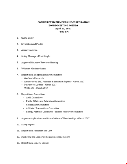 corporate board meeting agenda template