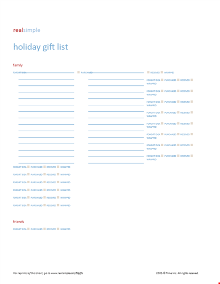 holiday family gift list template - keep track of received, purchased, wrapped, and for gift items template
