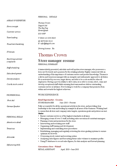 retail business manager resume template