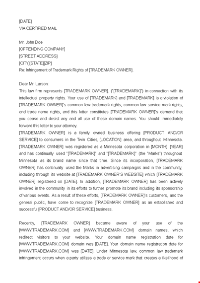 cease and desist template for owner, domain, trademark: avoid confusion template