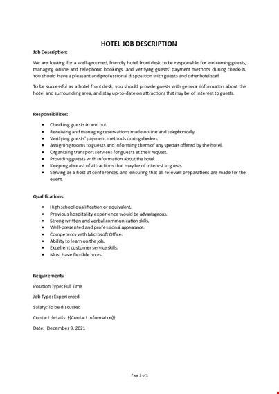 hotel job description template