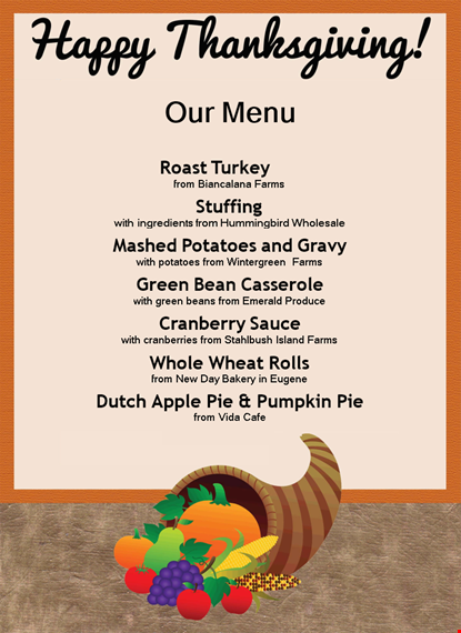 thanksgiving menu & grocery list template - featuring fresh potatoes & greens from local farms template