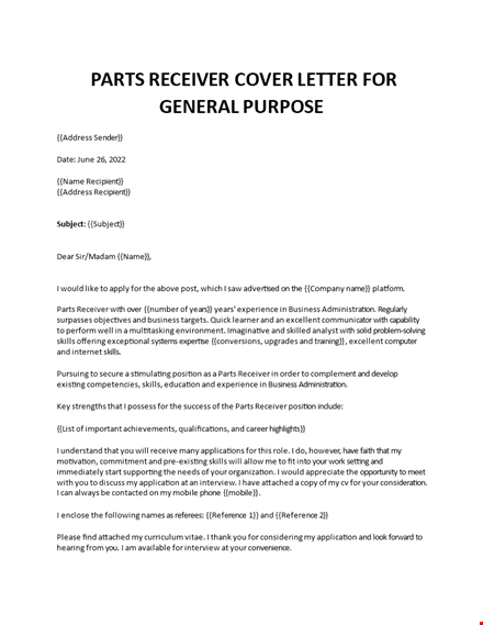 parts receiver cover letter template