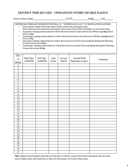 driver's daily log - track your hours and consecutive days template