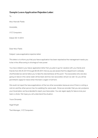 leave application rejection letter template