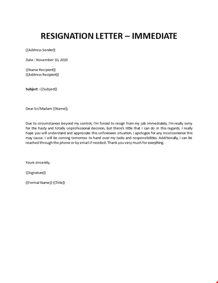 immediate resignation letter for personal reasons template