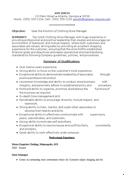 clothing store manager resume template