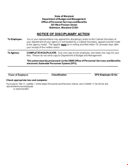 notice of disciplinary action form - employee personnel | appeal department | action template