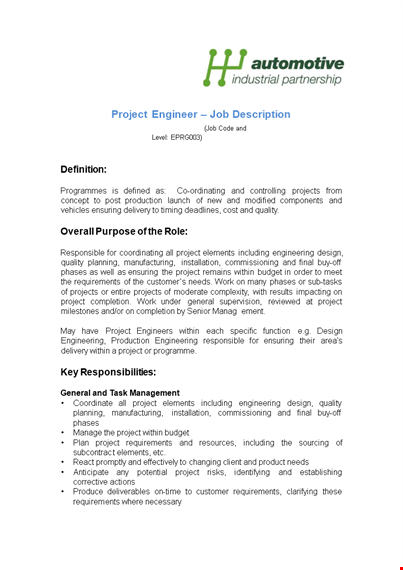 project engineer job description - project, customer, quality and engineering template