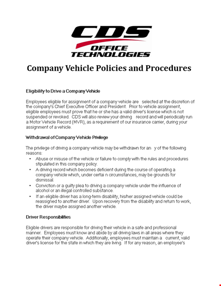 company car policy template - manage vehicles and driver policies template