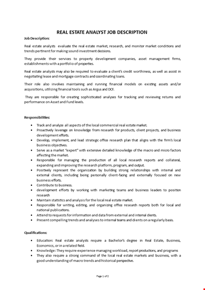 real estate analyst job description template