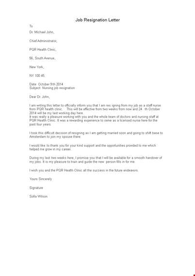 simple job resignation letter example template
