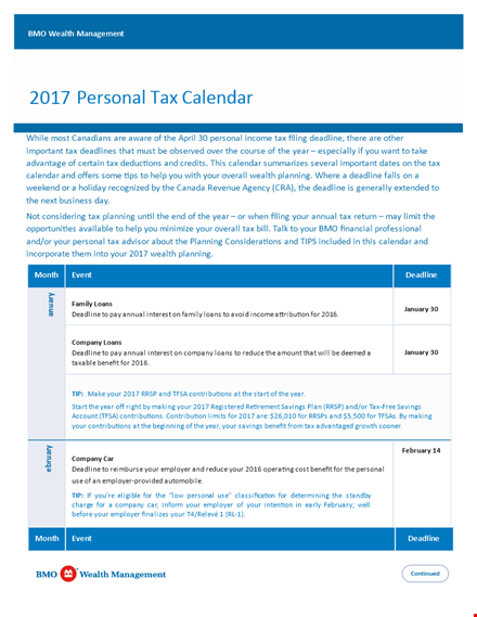 personal tax calendar - important income and deadline reminders template