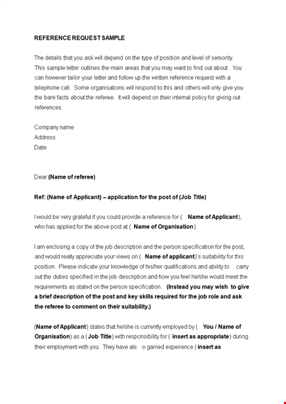 free reference request letter template for applicant and their reference template