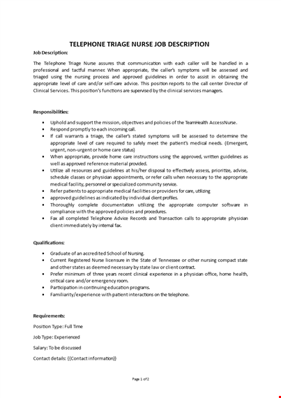 telephone triage nurse job description template
