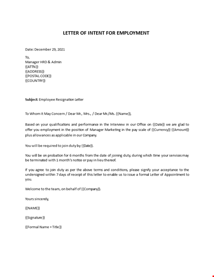 intent for employment letter template