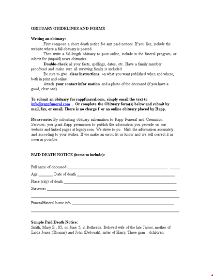 sample funeral obituary - includes death, funeral, and obituary details template