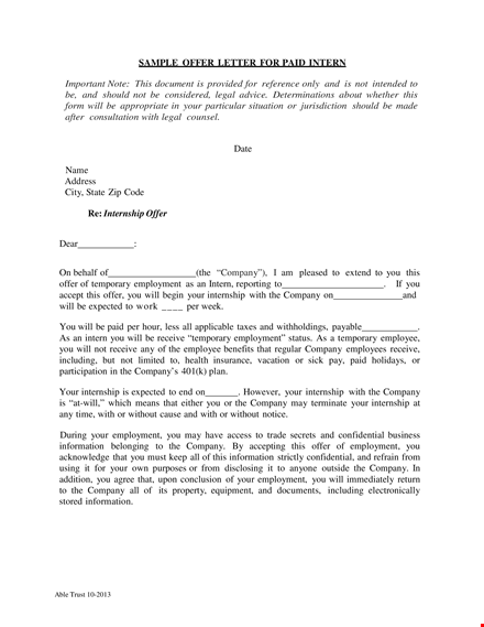 sample offer letter for paid internship: company offer | document templates template