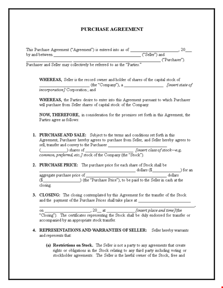 buy and sell agreement template - protect your stock investment with our purchase agreement template