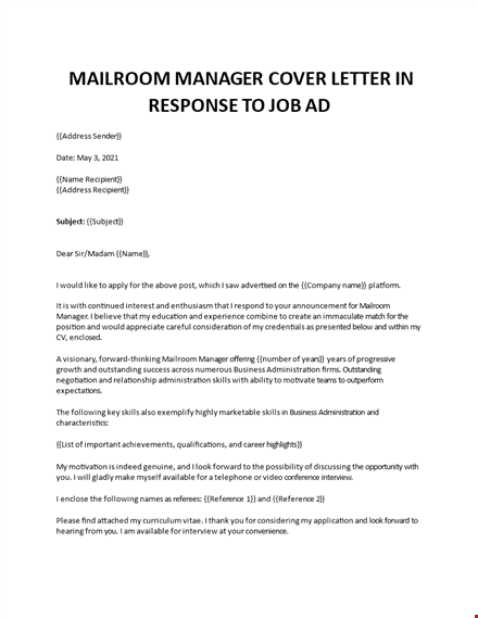 mailroom manager cover letter template