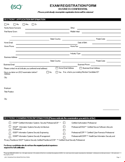 printable exam registration form template template
