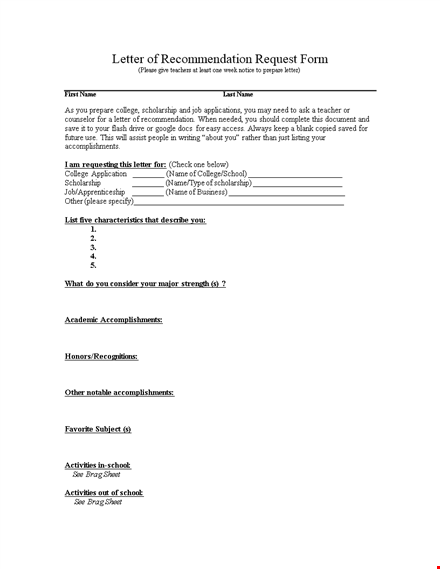 letter of recommendation request form template