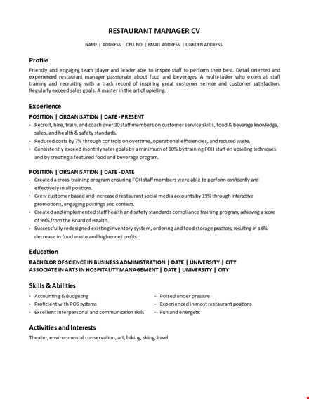 restaurant manager cv template