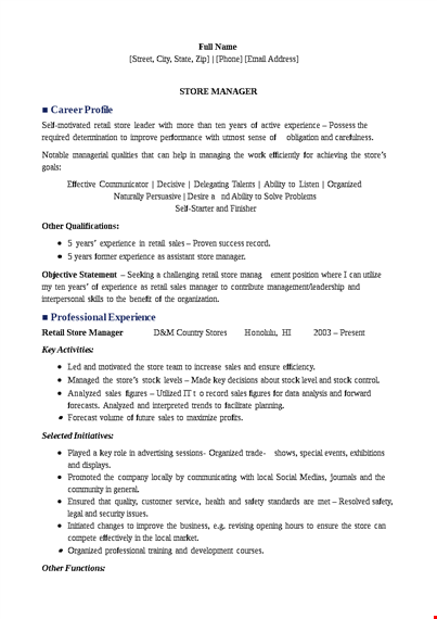 retail management sales resume template