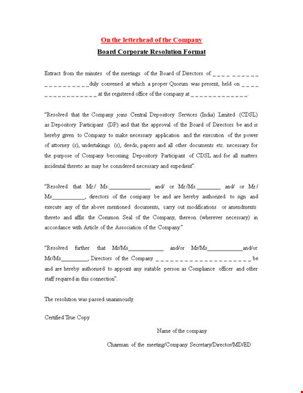 corporate resolution form | company directors must have this document template