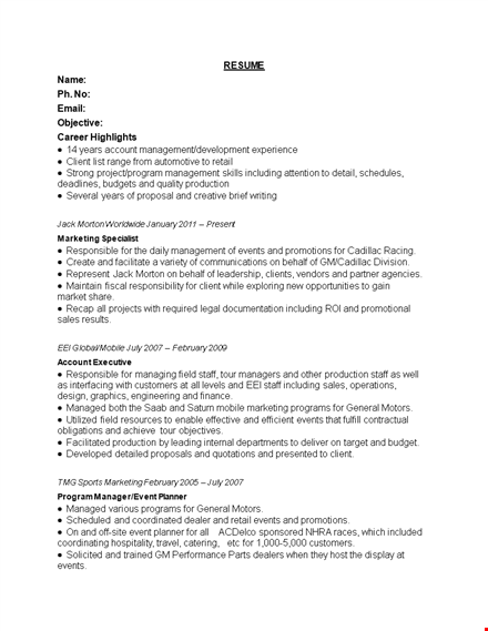 retail marketing specialist resume template