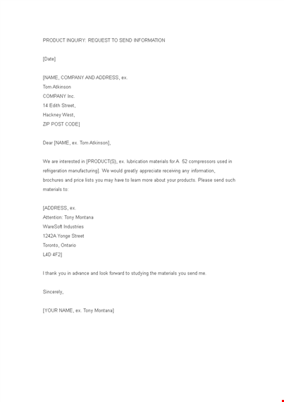 product inquiry business letter template