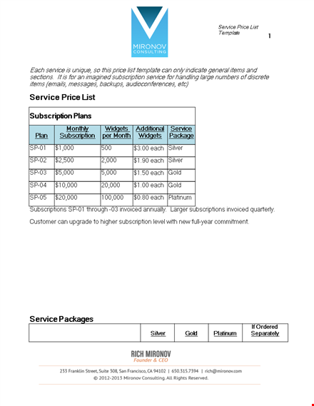 service price list template template