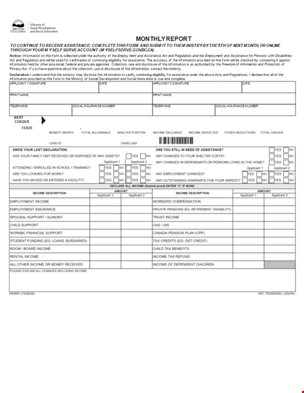 get social assistance with ministry for monthly income information template