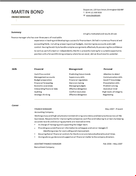 corporate finance manager resume template