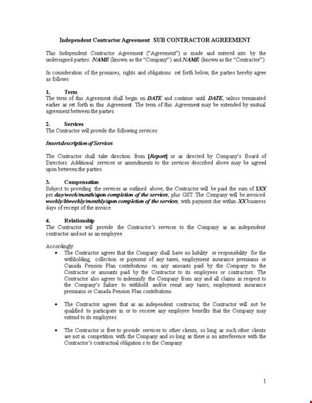 subcontractor agreement template | free sample download template