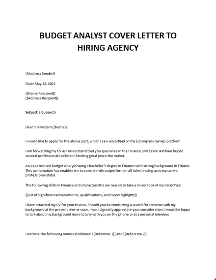 budget analyst sample cover letter template