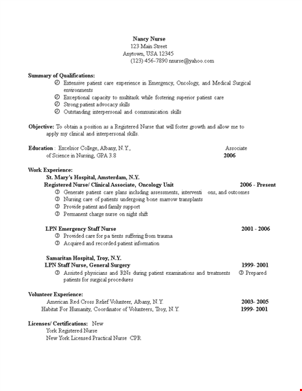 experienced nurse with skills in patient care - nursing staff resume template