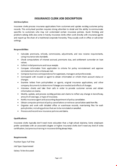 insurance clerk job description template