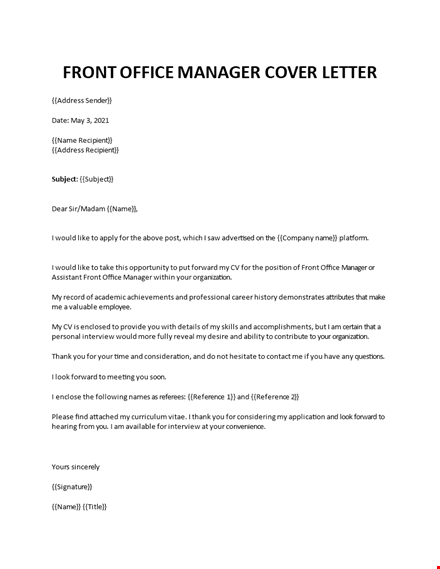 front office manager cover letter template